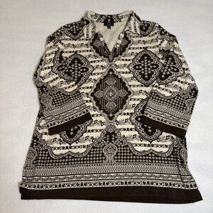 Talbots Women's Top Brown/Cream 3/4 Sleeve Sz Med V-Neck Pullover Collared